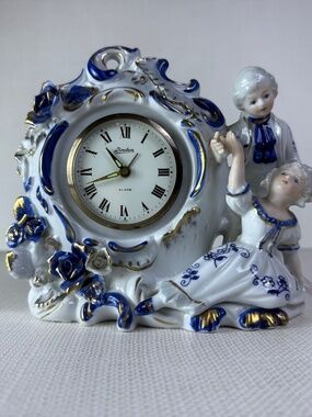Vintage Linden Porcelain Mantel Clock Blue White Gold Victorian Figurines Japan